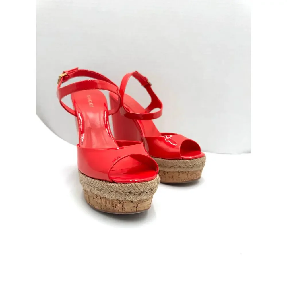 Gucci Holie Coral Red Patent Leather Platform Wedge Sandals Size EU 37